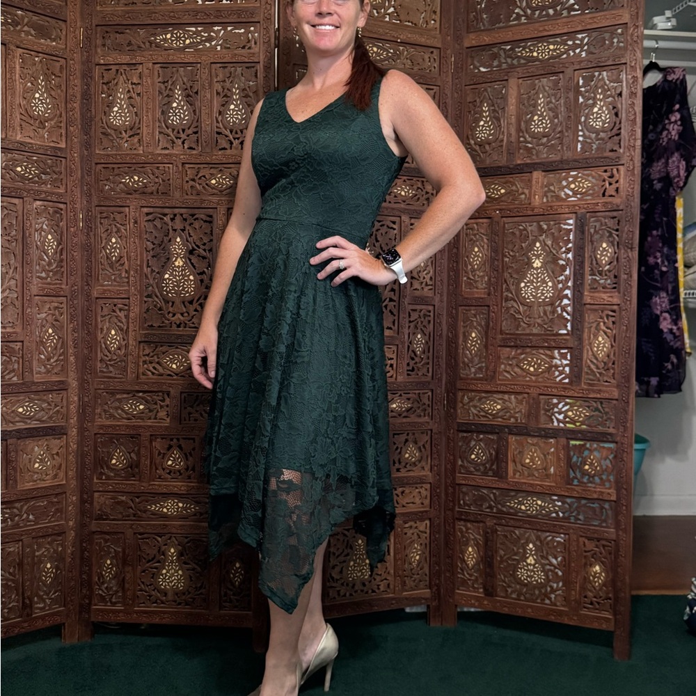 Elegant Dark Green Lace High-Low Dress